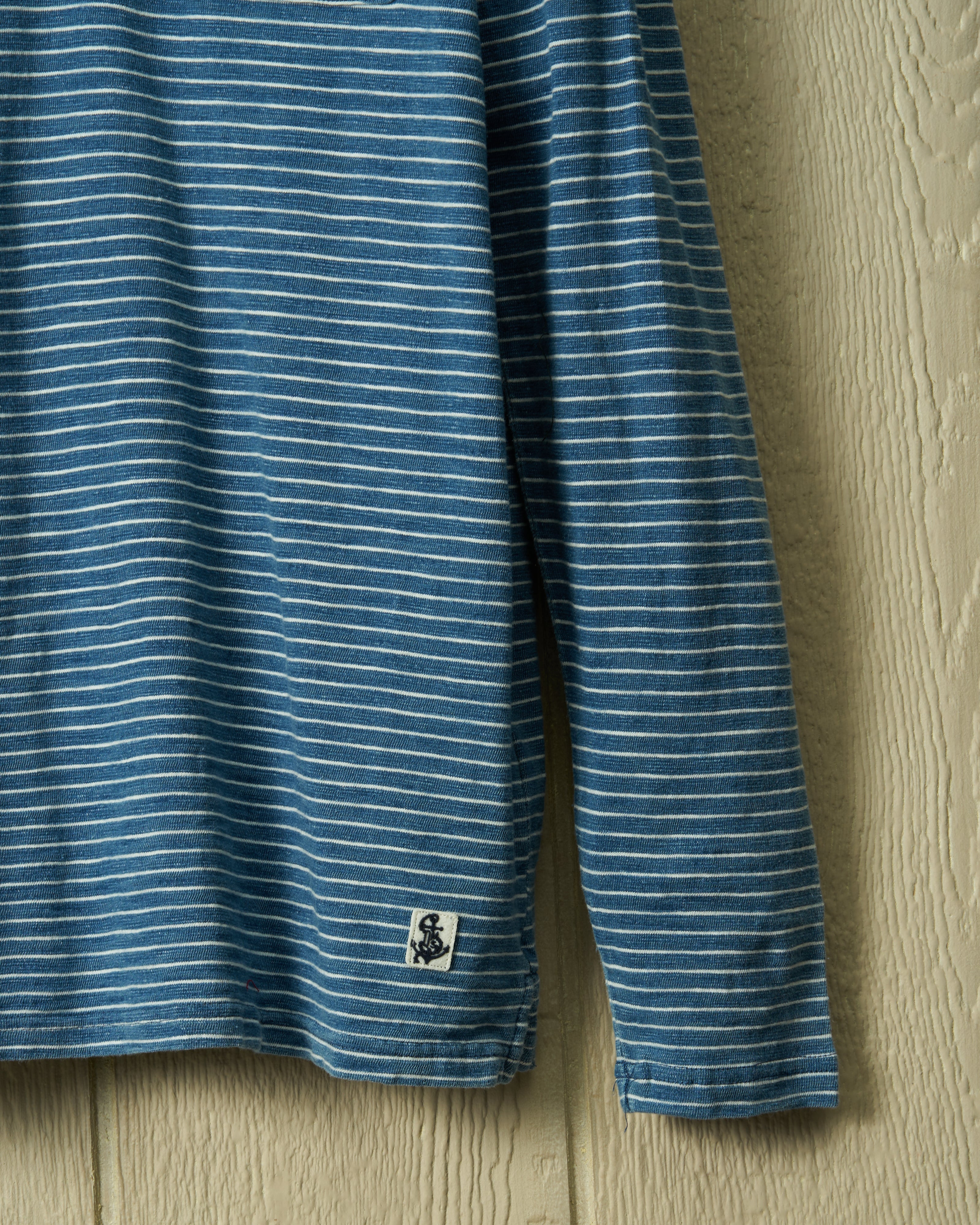 Long Sleeve Indigo Polo in Blue/White Slub Stripe - Image 4