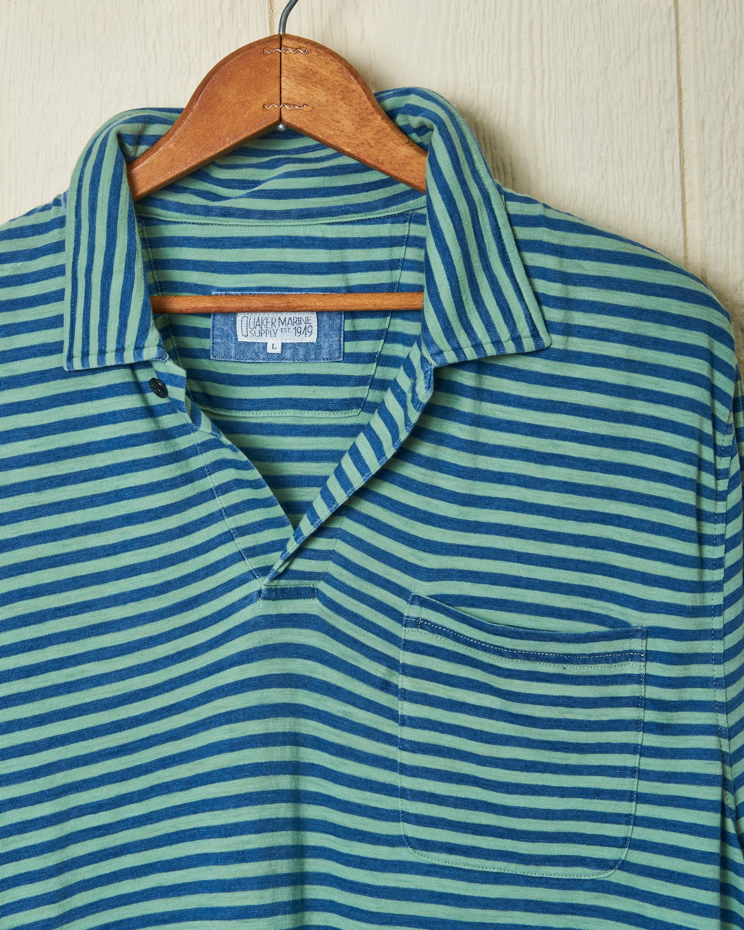Long Sleeve Indigo Polo in Faded Spruce/Navy Even Stripe - Image 3