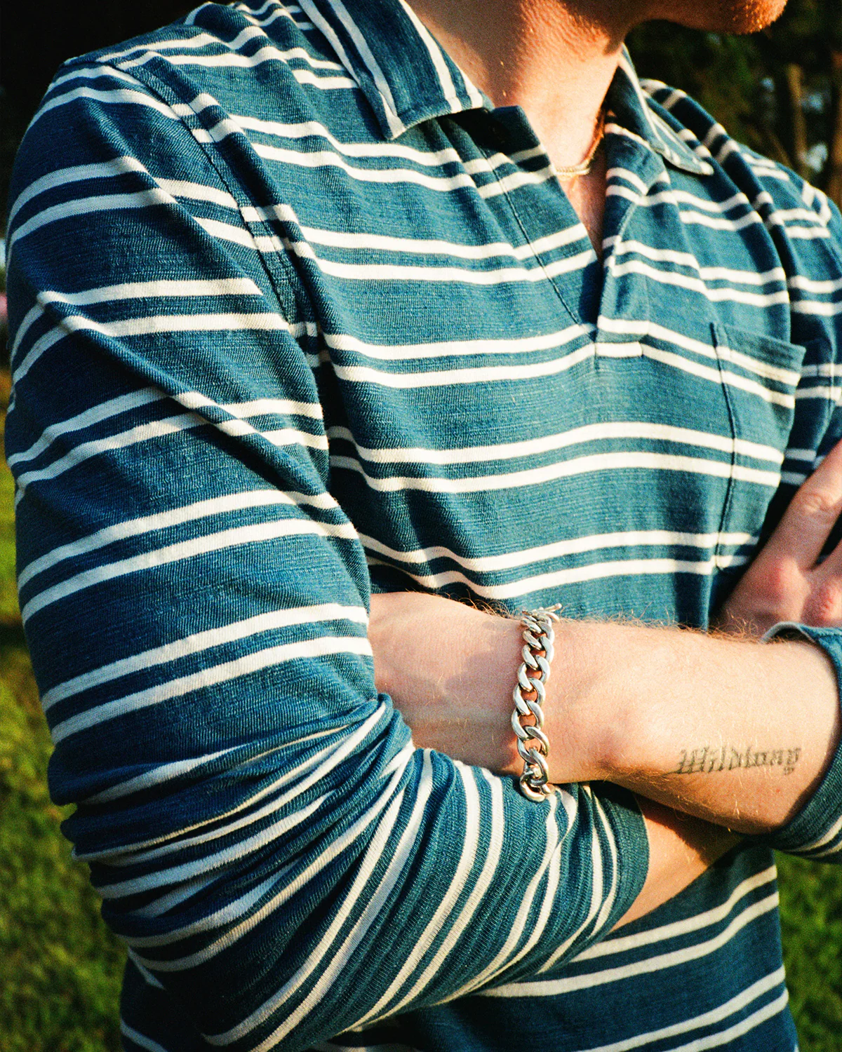Long Sleeve Indigo Polo in Indigo/White Double Stripe - Image 3