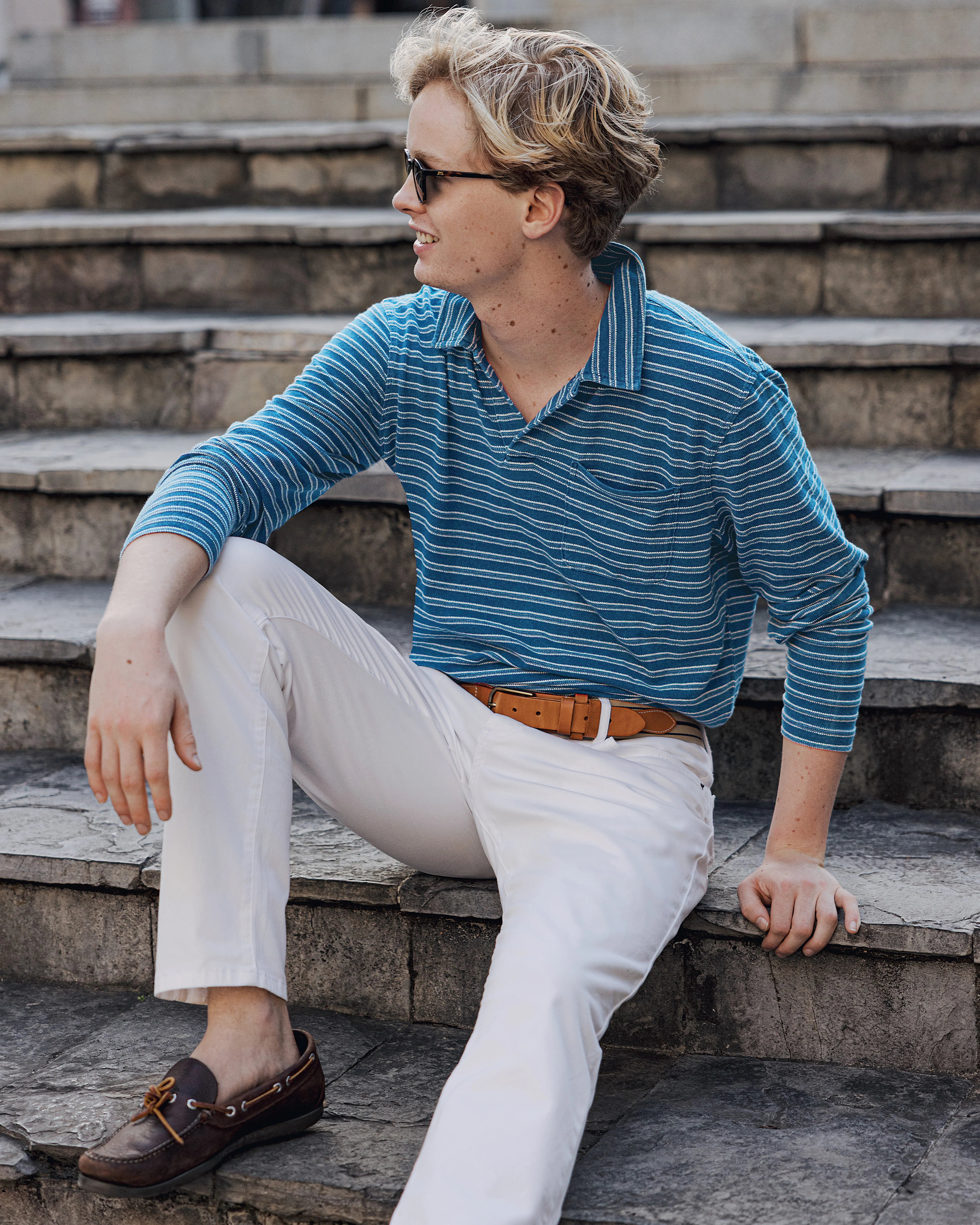 Long Sleeve Indigo Polo in Mid Wash Jacquard Stripe - Image 3