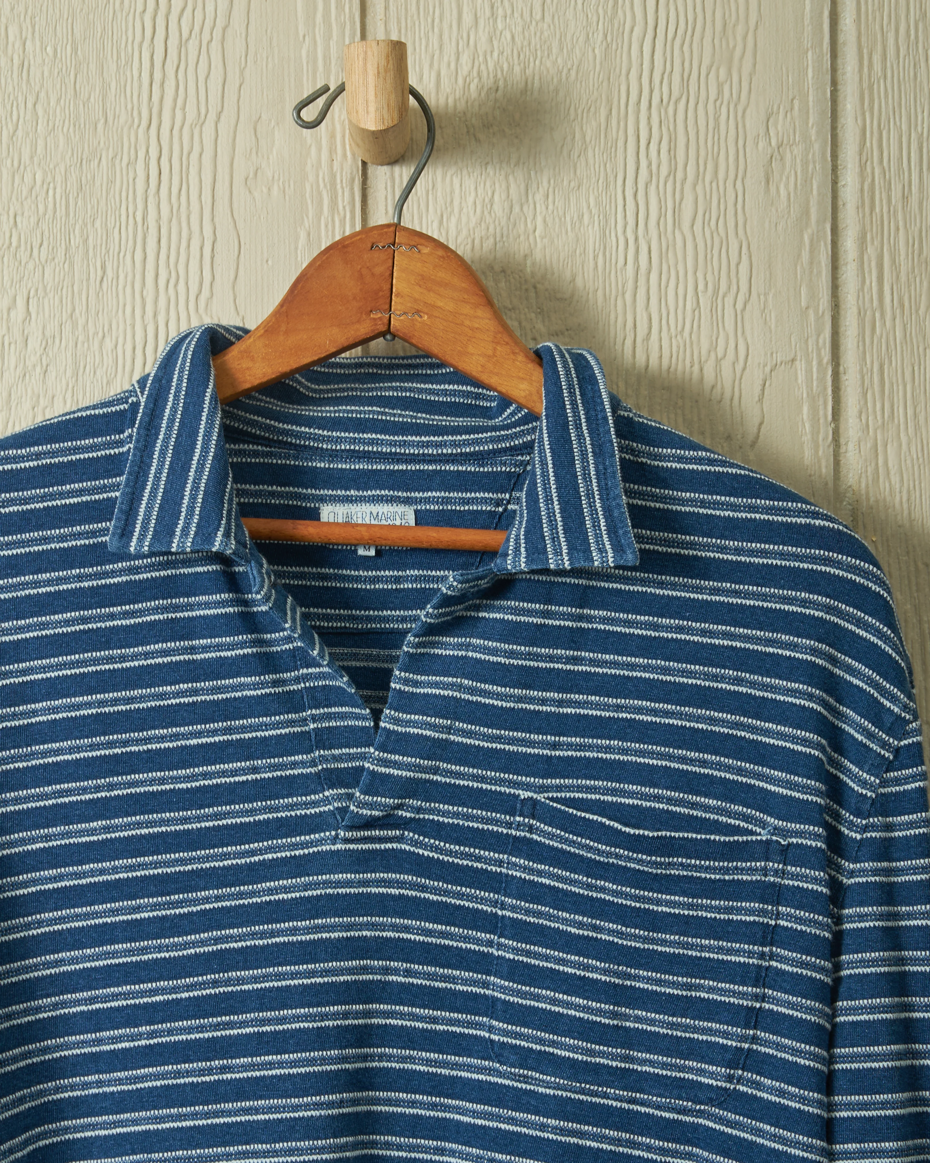 Long Sleeve Indigo Polo in Mid Wash Jacquard Stripe - Image 6