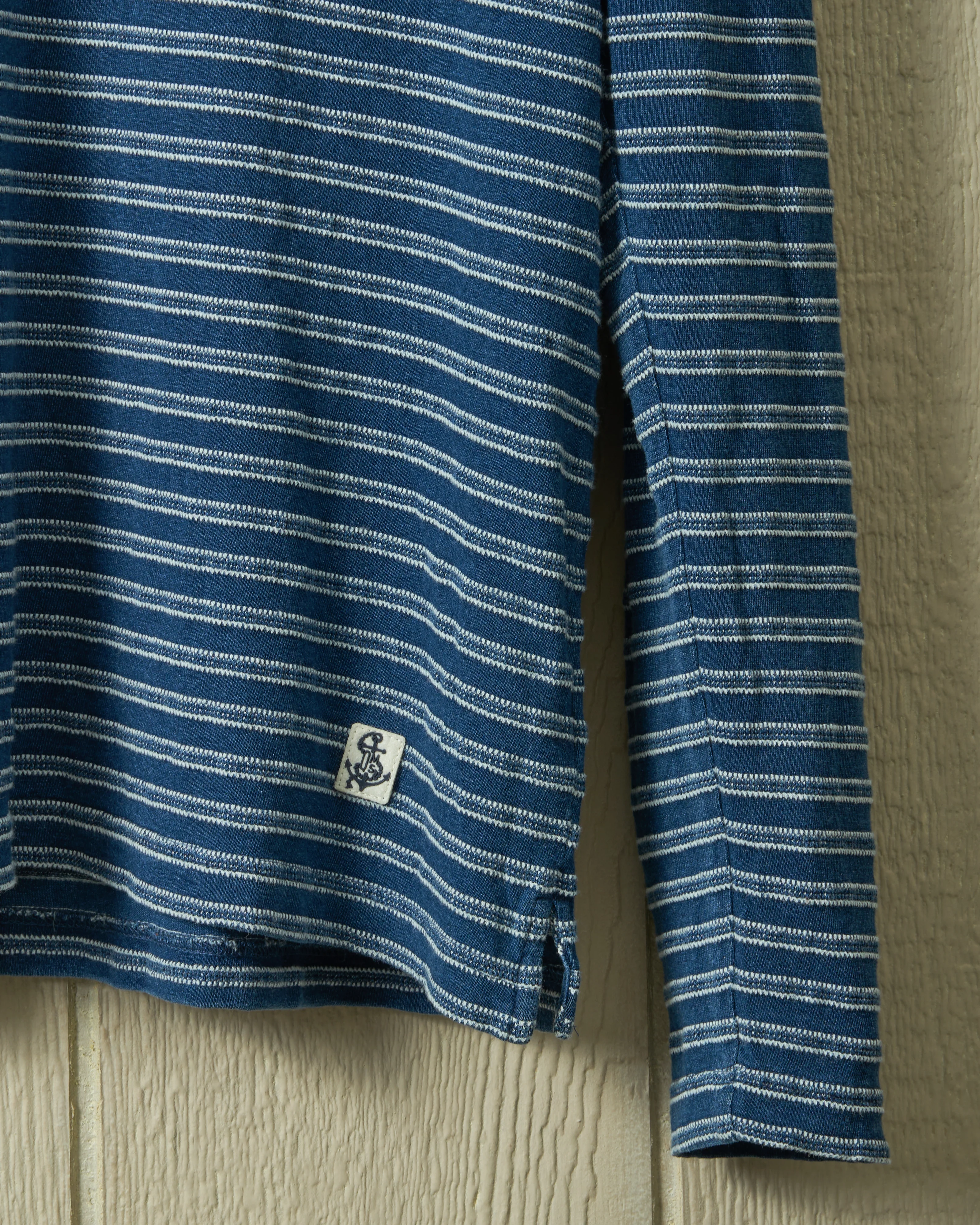 Long Sleeve Indigo Polo in Mid Wash Jacquard Stripe - Image 7
