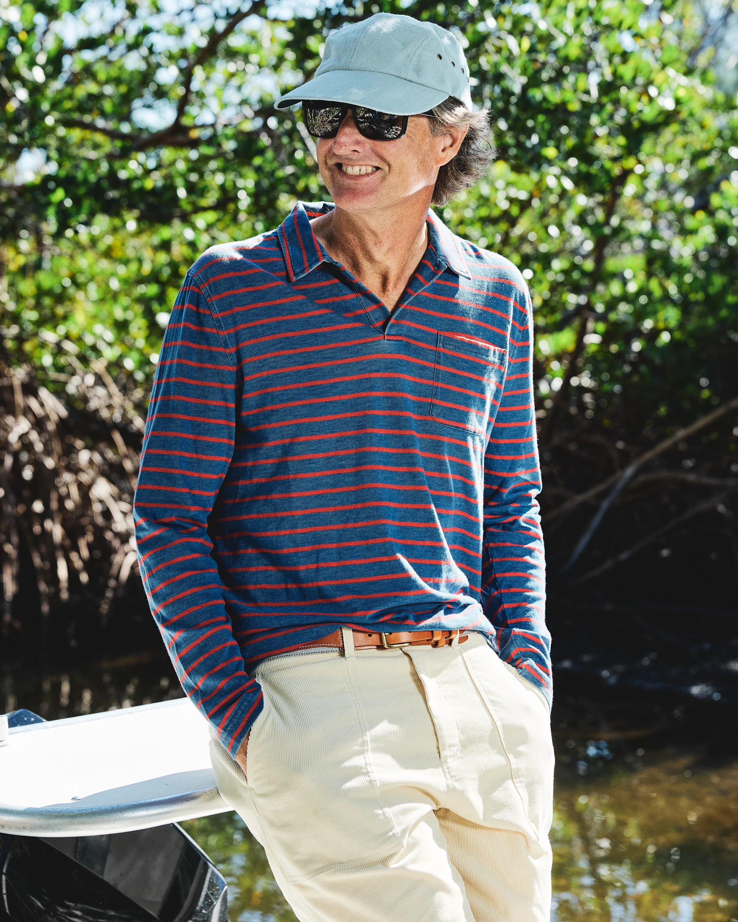Long Sleeve Indigo Polo in 3/4" Red/Navy Stripe - Image 10
