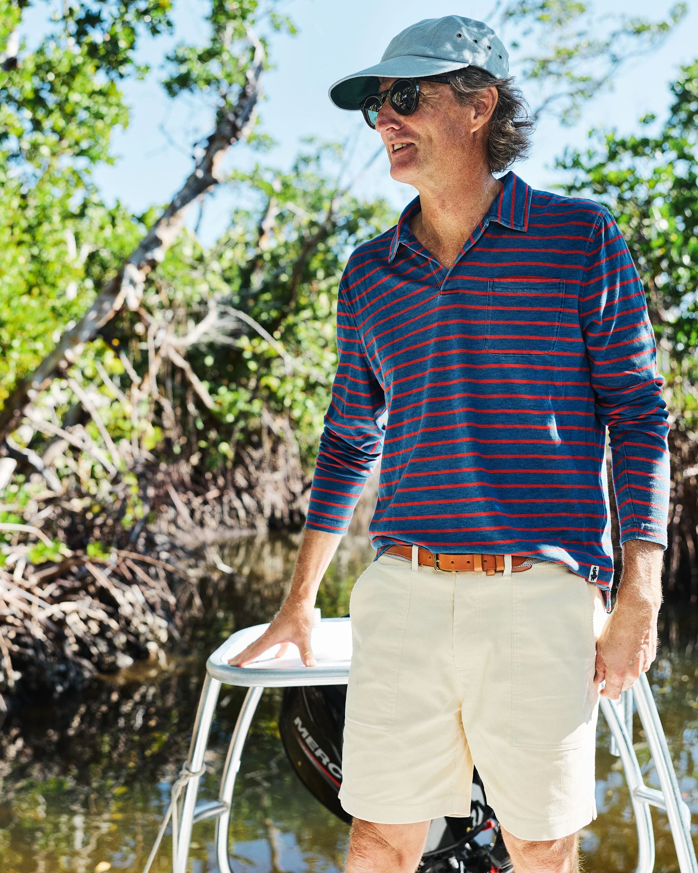 Long Sleeve Indigo Polo in 3/4" Red/Navy Stripe - Image 11