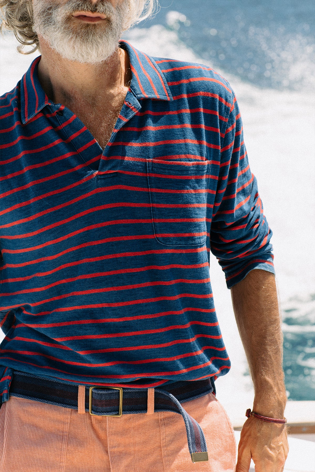 Long Sleeve Indigo Polo in 3/4" Red/Navy Stripe - Image 4