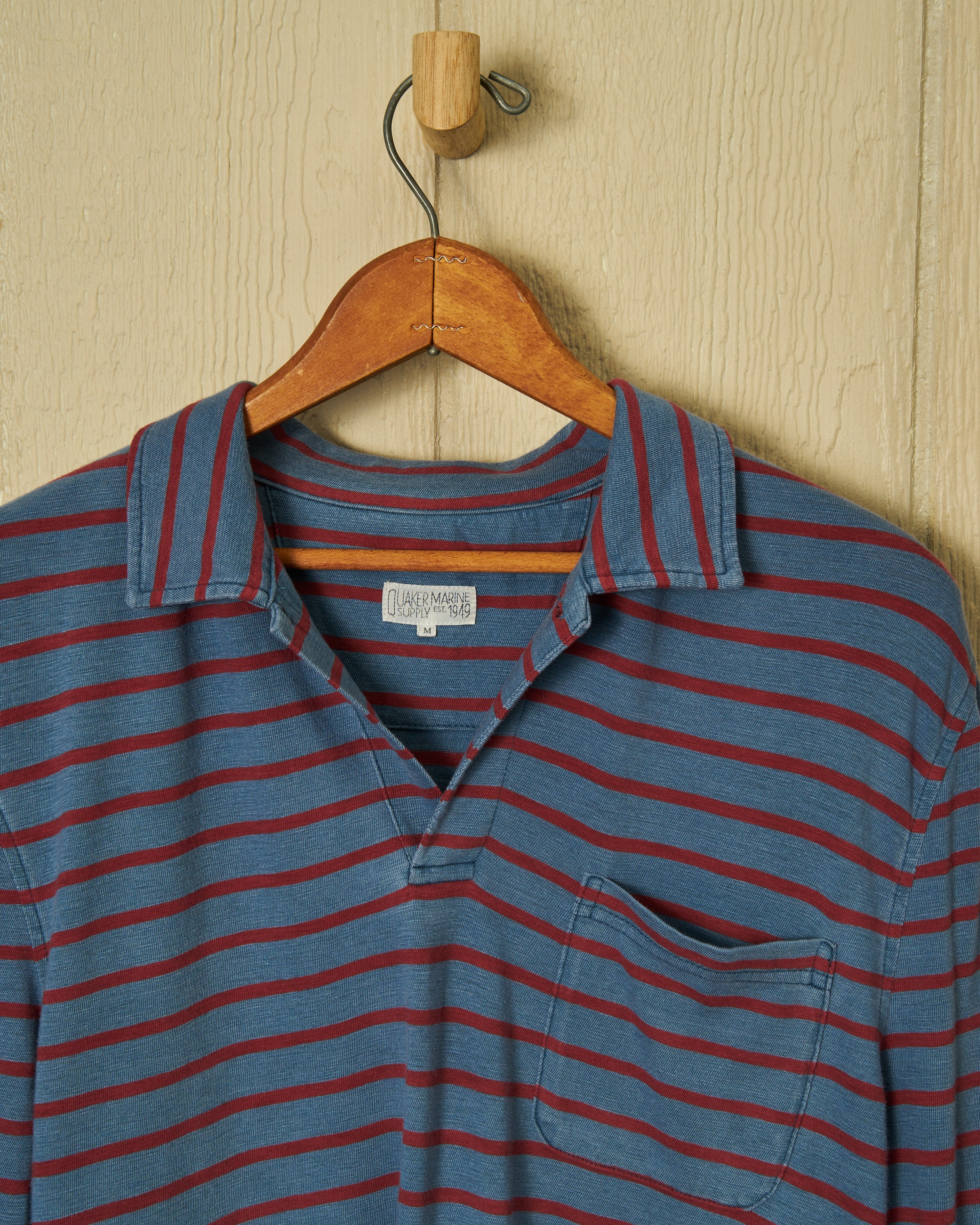 Long Sleeve Indigo Polo in 3/4" Red/Navy Stripe - Image 5
