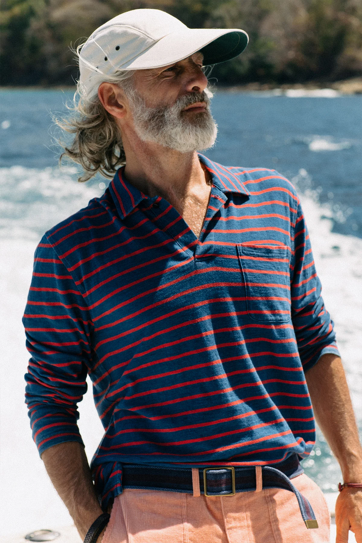 Long Sleeve Indigo Polo in 3/4" Red/Navy Stripe - Image 7