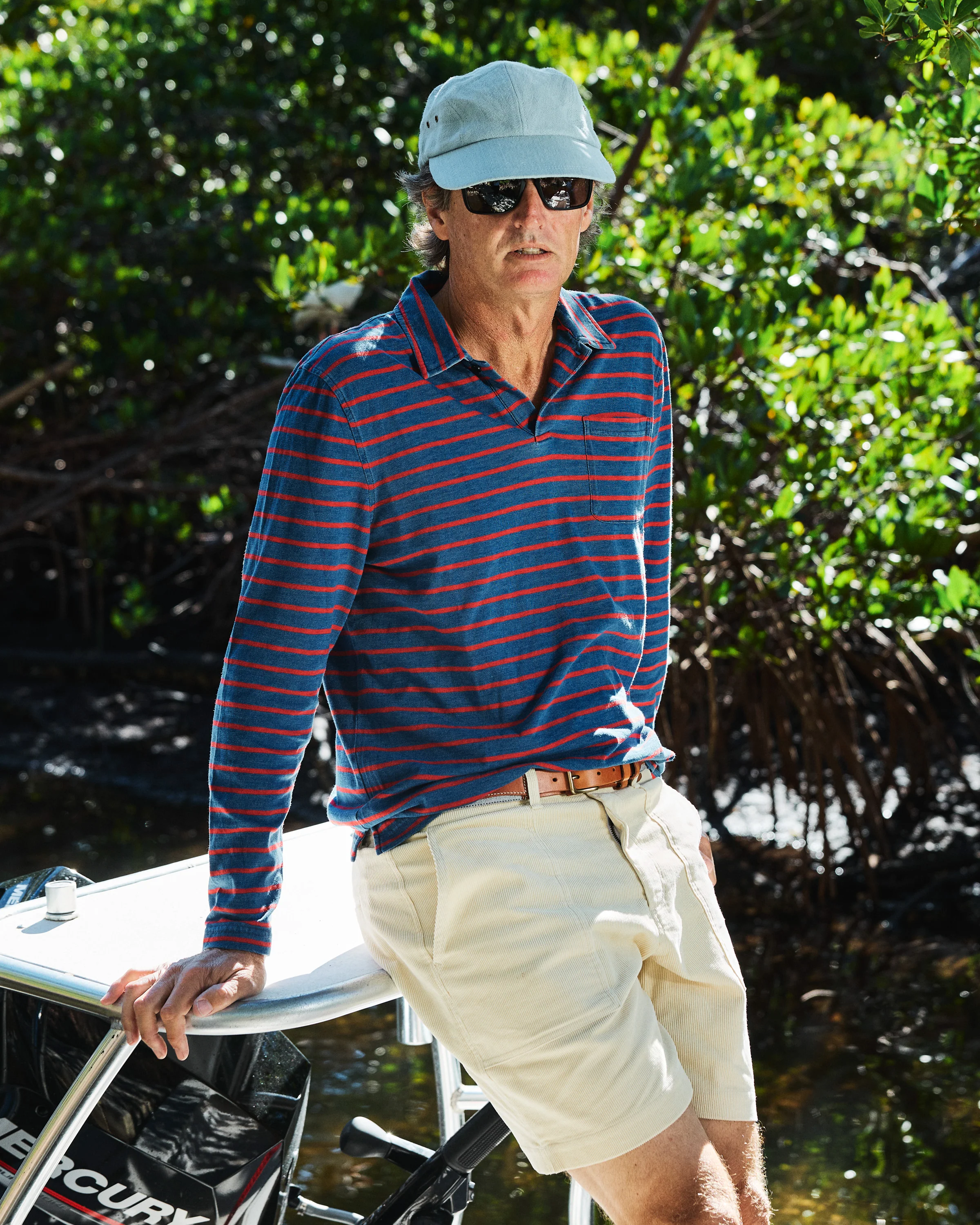Long Sleeve Indigo Polo in 3/4" Red/Navy Stripe - Image 8