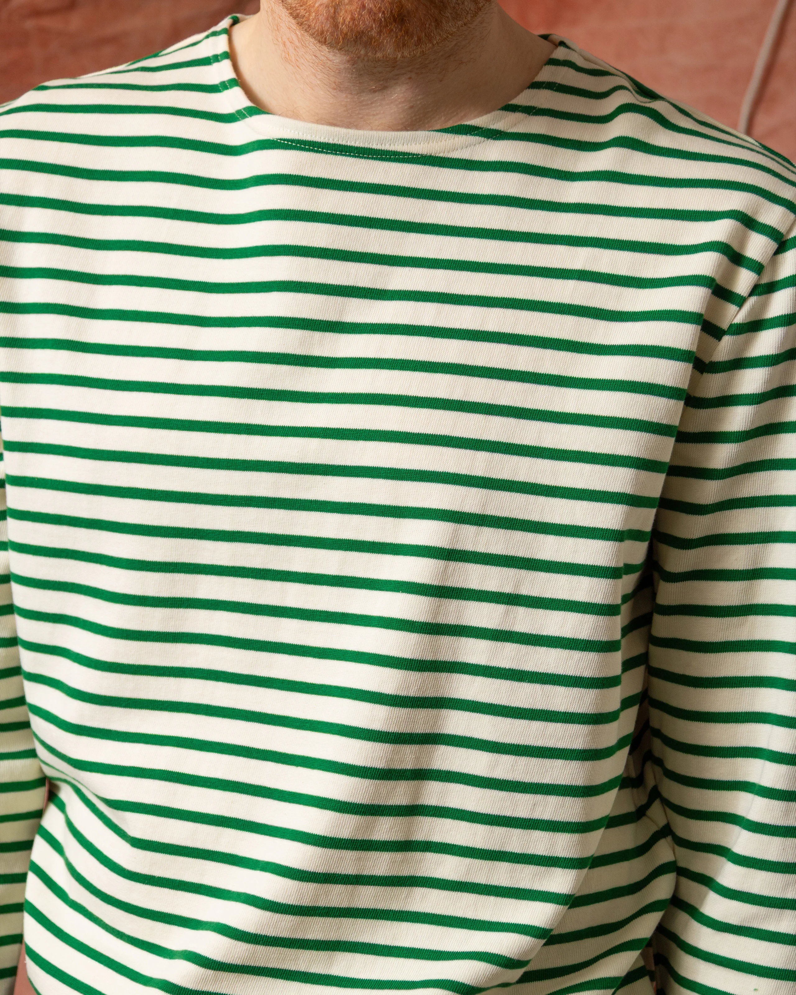 Men’s Breton Stripe Boatneck Tee in Off White/Hunter Green - Image 3