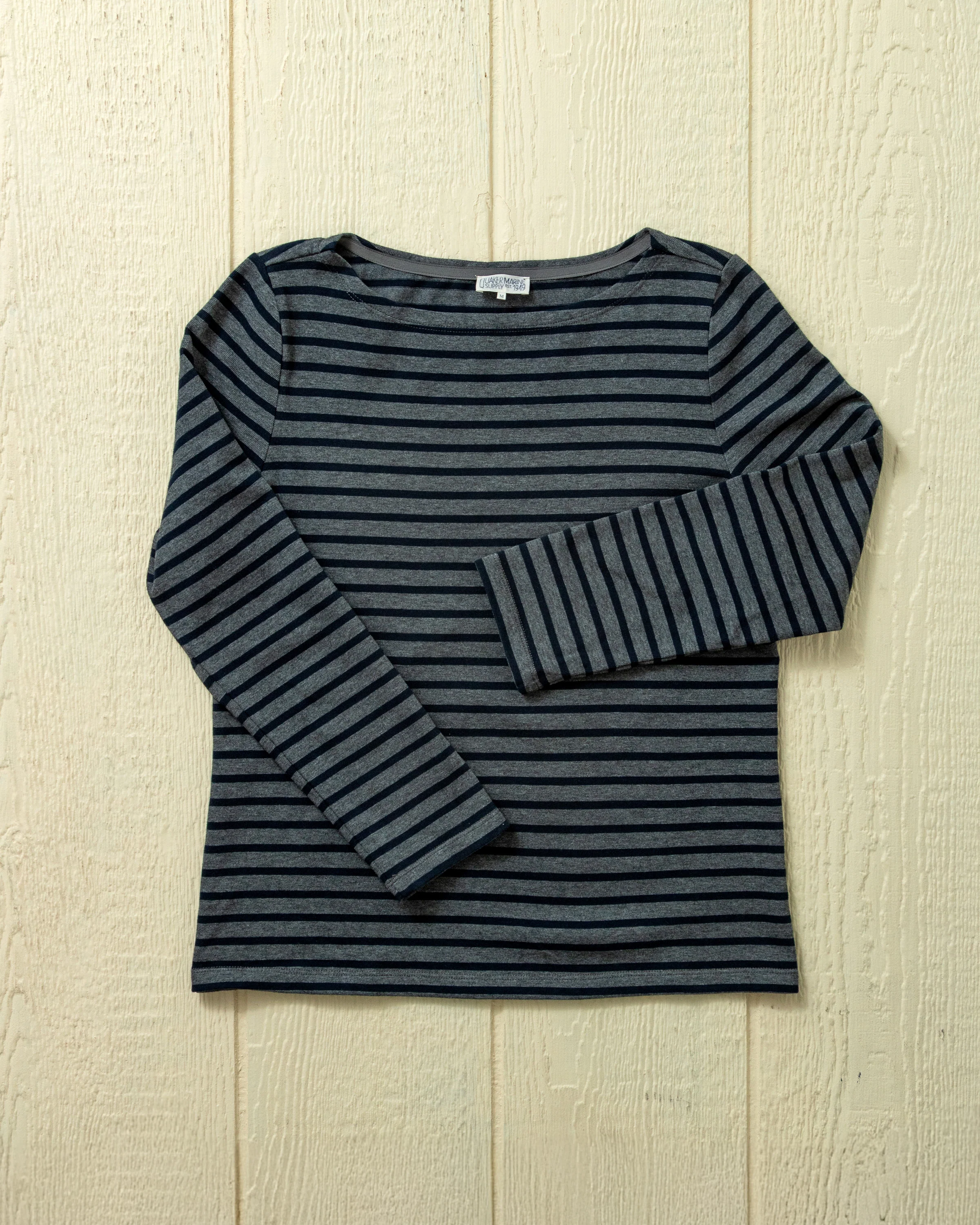 Women’s Breton Stripe Boatneck Tee in Navy/Grey Heather