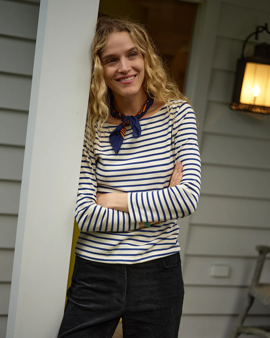 Women’s Breton Stripe Boatneck Tee in Off White/Atlantic Blue - Image 4
