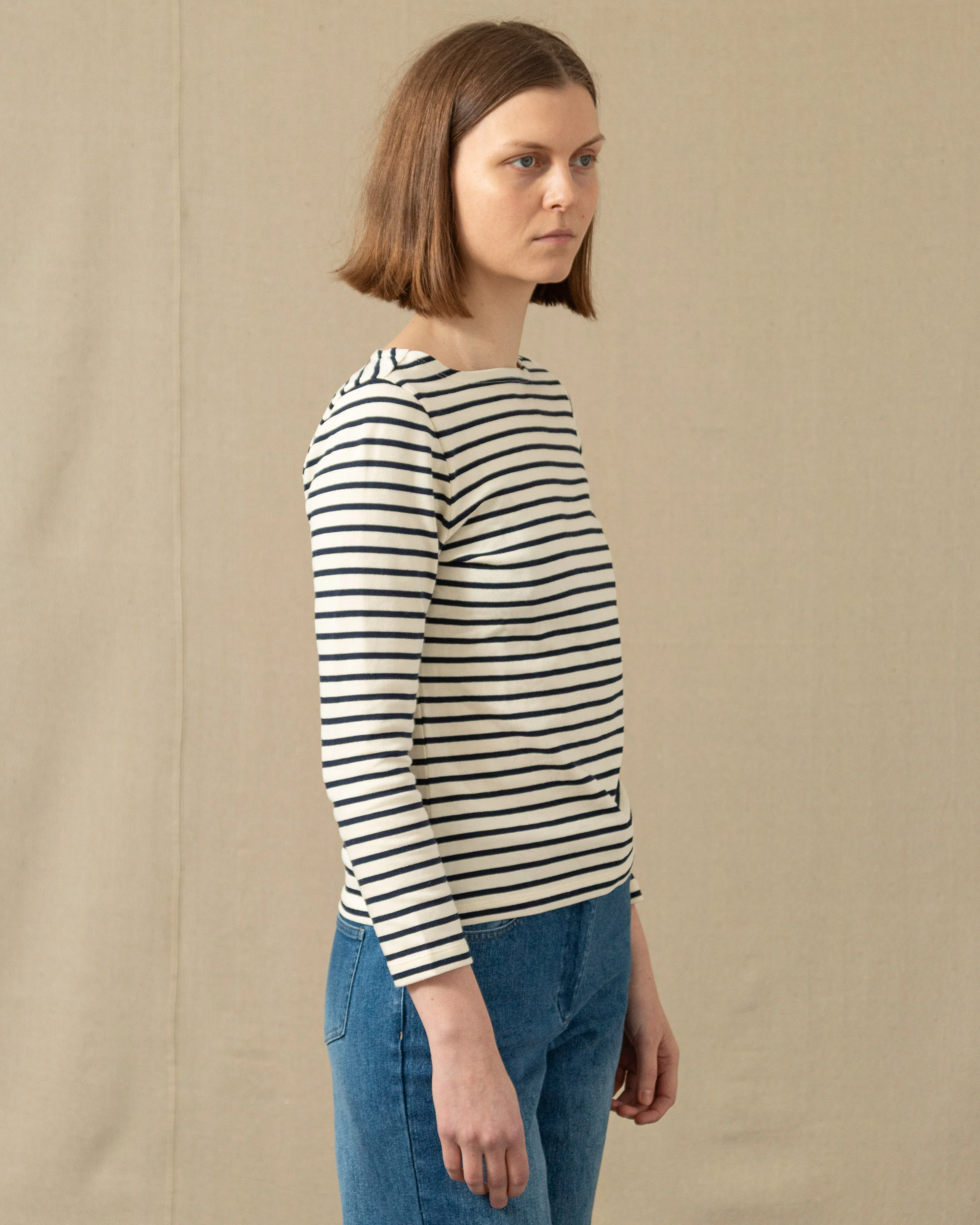 Women’s Breton Stripe Boatneck Tee in Off White/Navy - Image 3