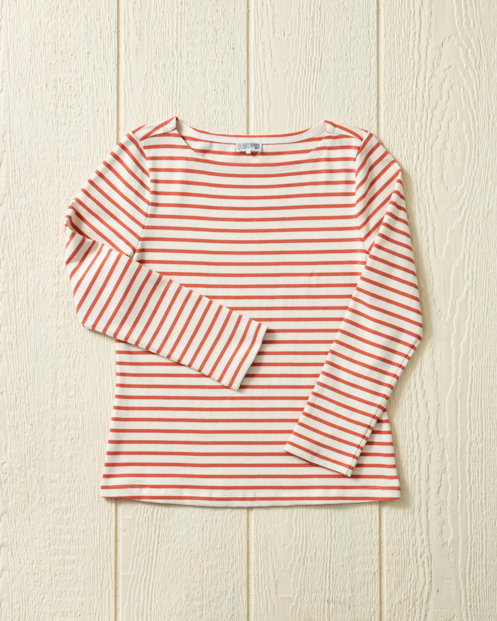 Women’s Breton Stripe Boatneck Tee in Off White/Coral - Image 2