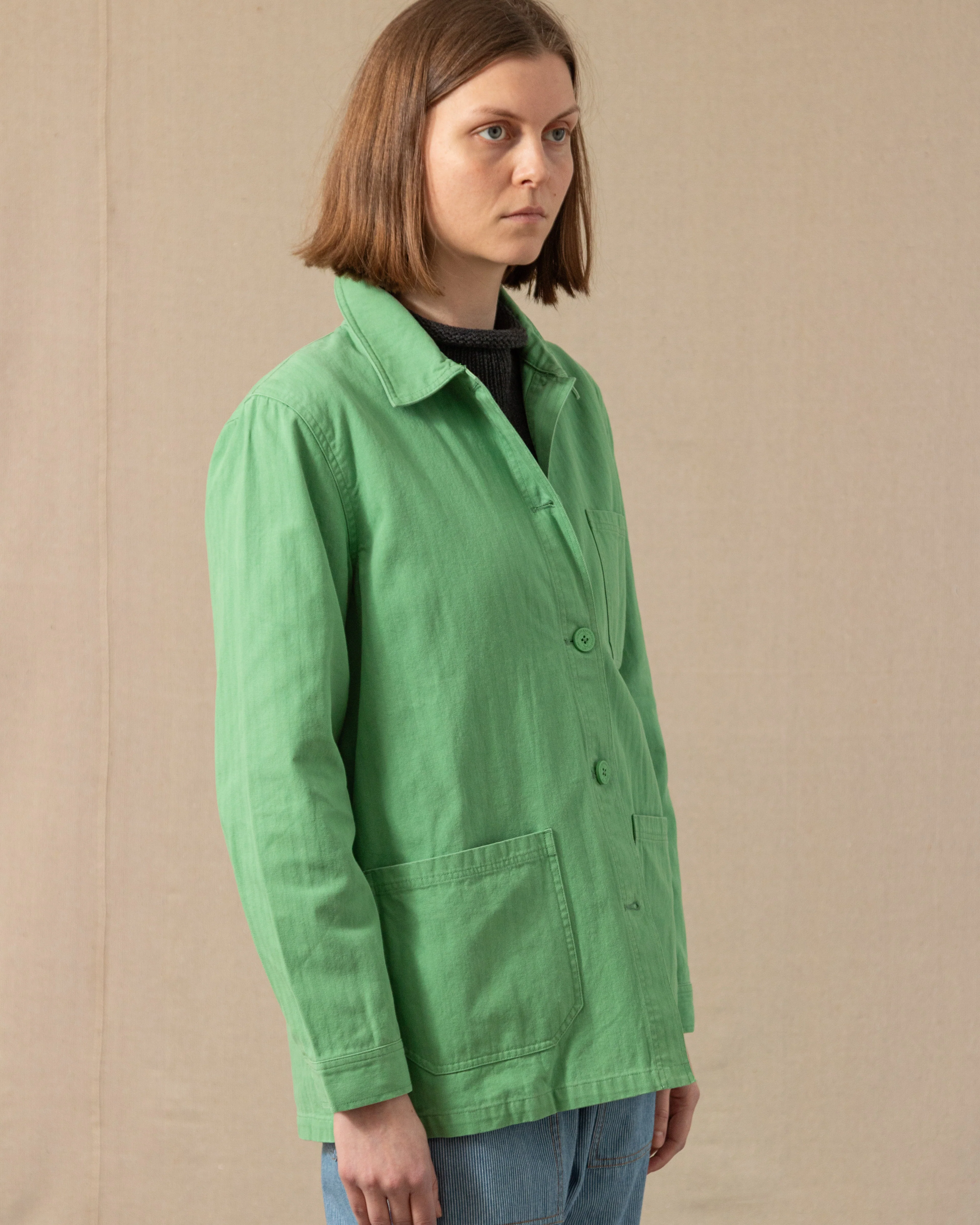 Womenâs French Workmanâs Jacket in Billiard Green Herringbone - Image 3