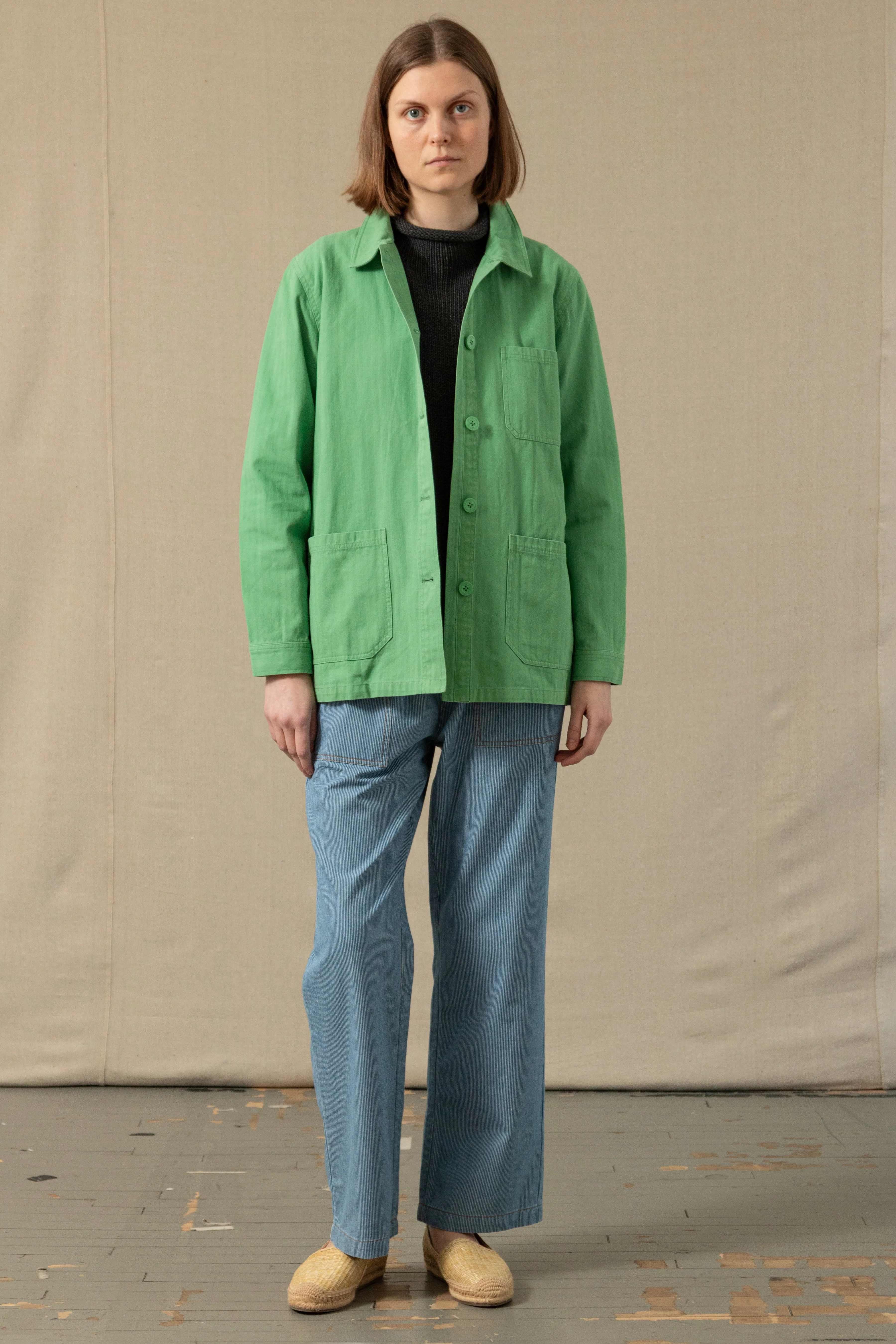 Womenâs French Workmanâs Jacket in Billiard Green Herringbone - Image 5
