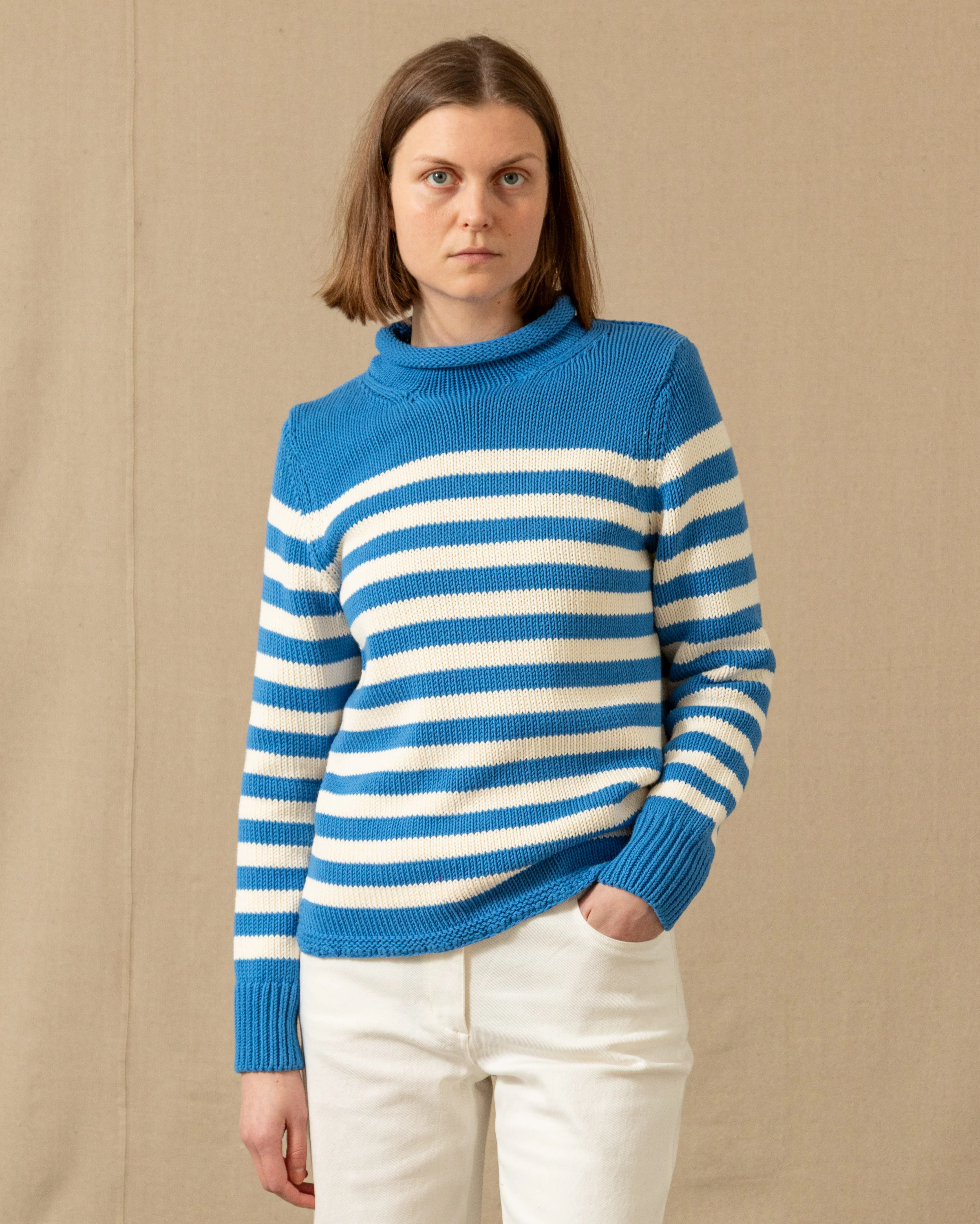 Women's Breton Stripe Fisherman's Sweater in Cerulean/Egret - Image 2