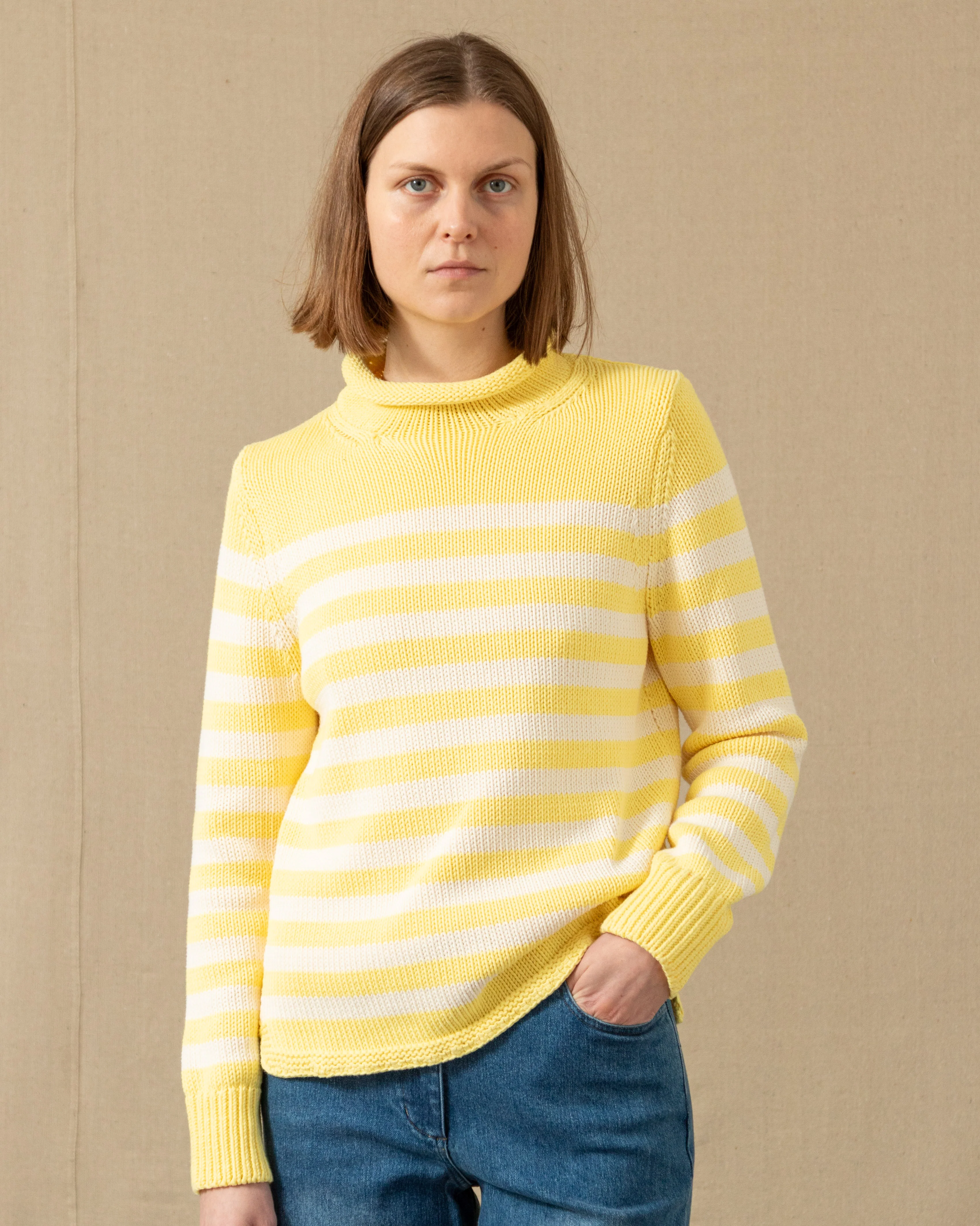 Women's Breton Stripe Fisherman's Sweater in Lemon/Egret - Image 3