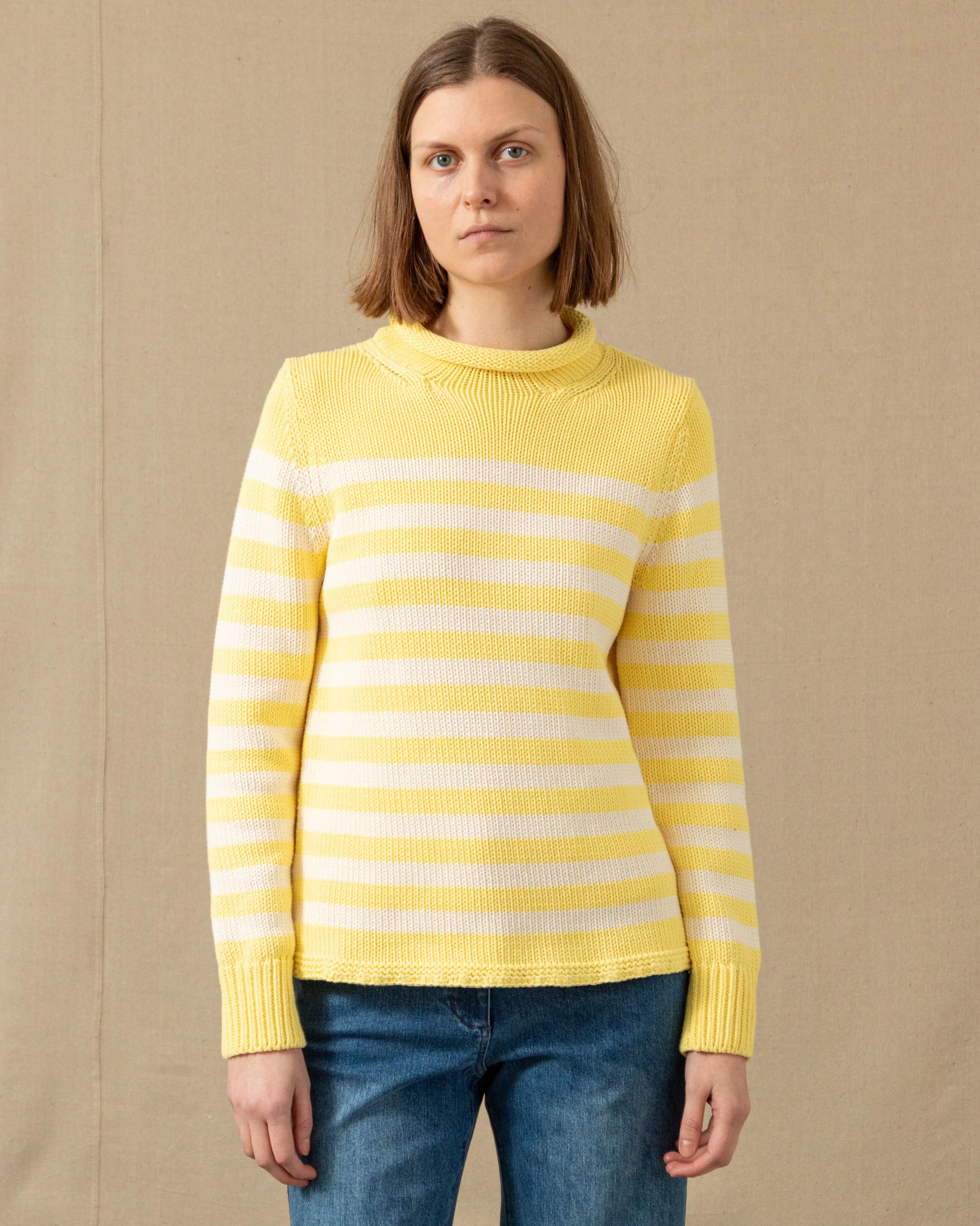 Women's Breton Stripe Fisherman's Sweater in Lemon/Egret - Image 4