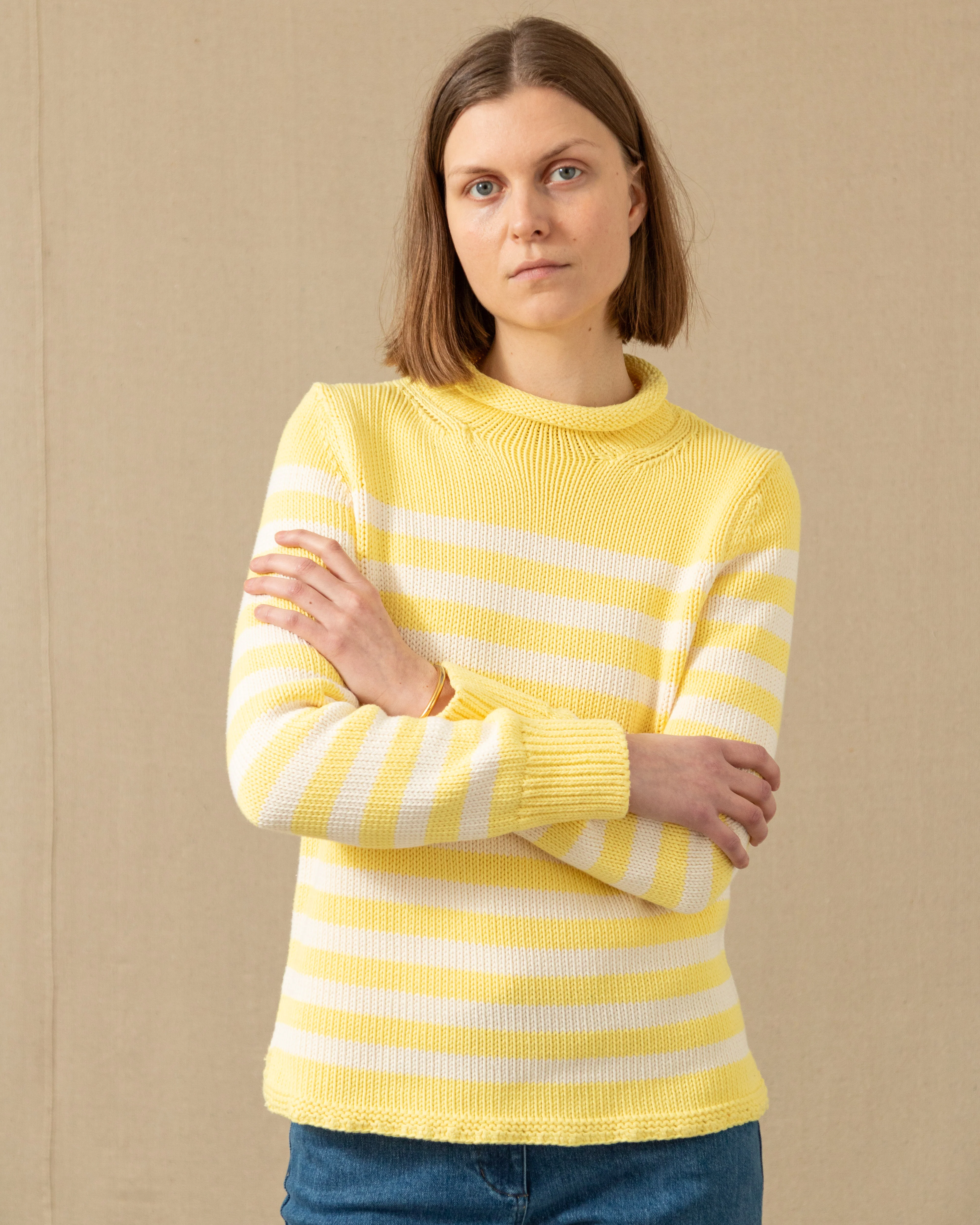 Women's Breton Stripe Fisherman's Sweater in Lemon/Egret - Image 8