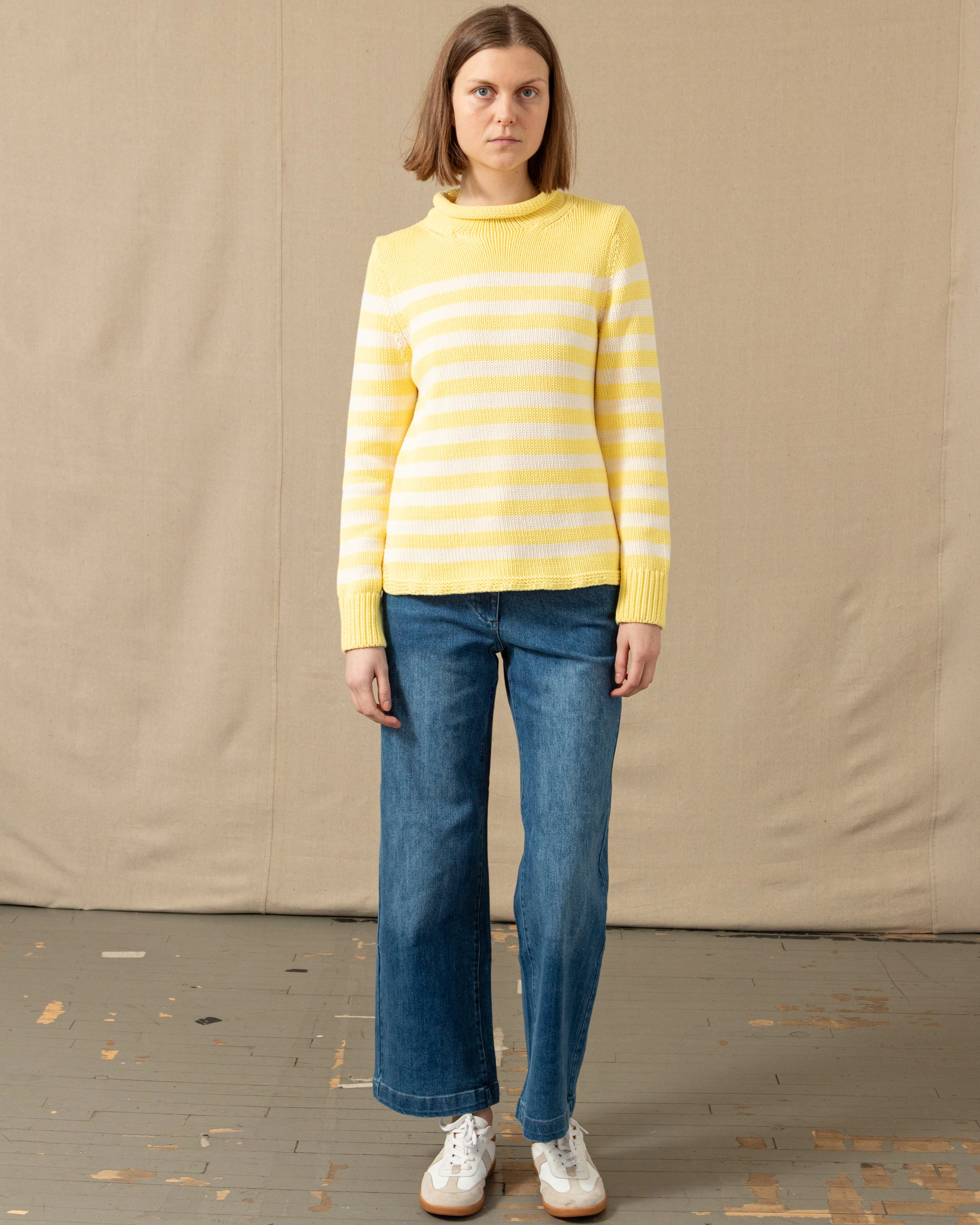 Women's Breton Stripe Fisherman's Sweater in Lemon/Egret - Image 9