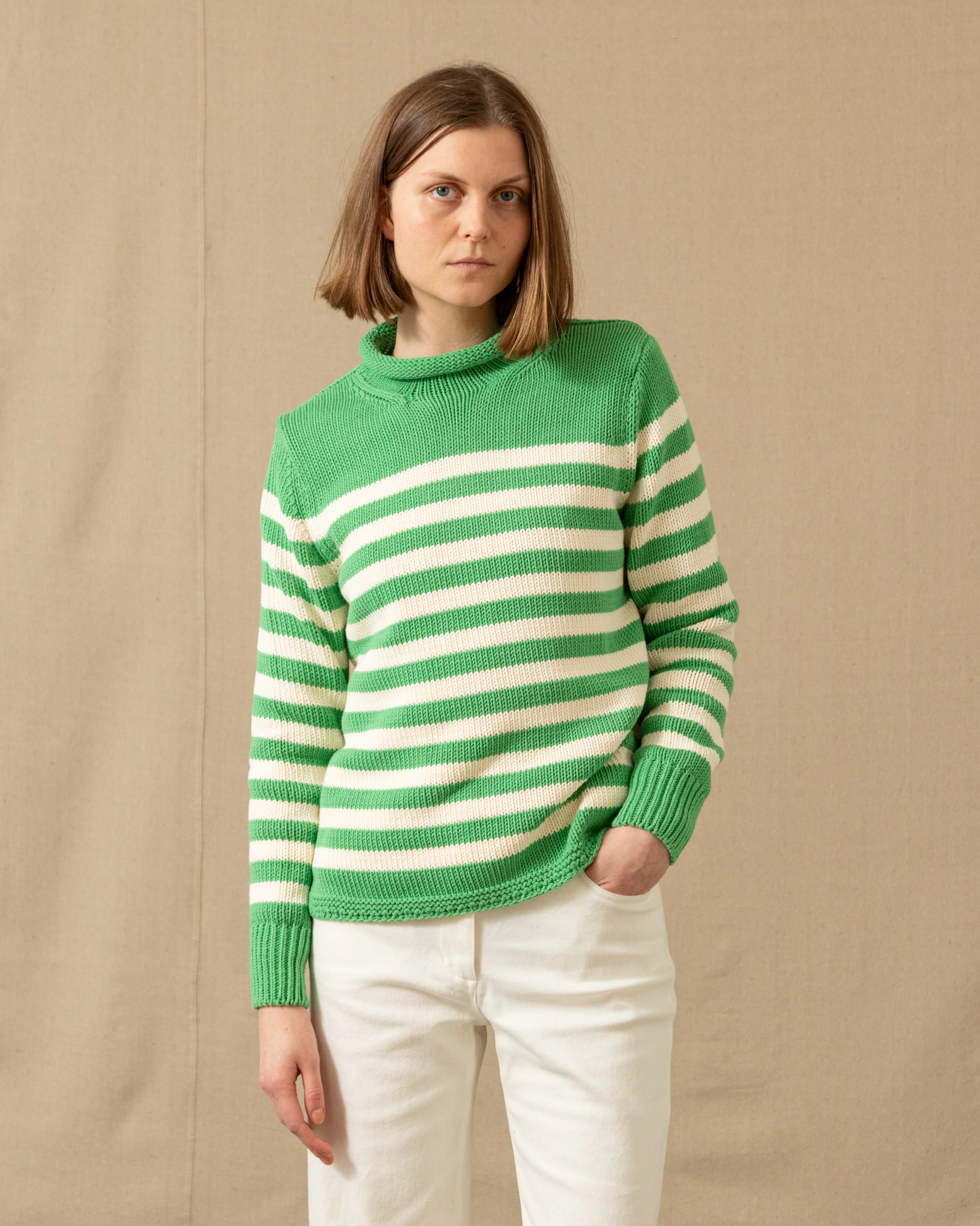 Women's Breton Stripe Fisherman's Sweater in Mint/Egret - Image 5