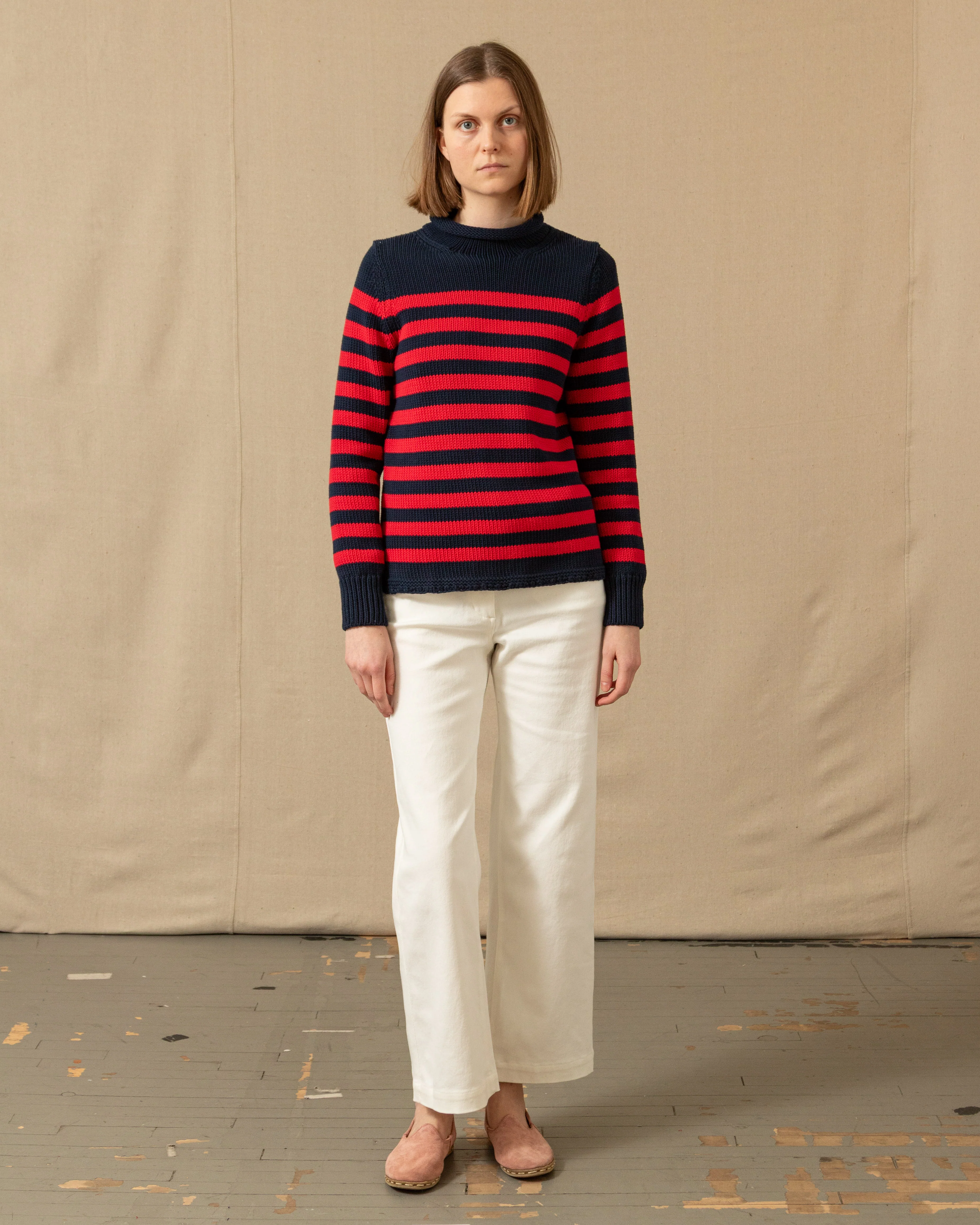 Women's Breton Stripe Fisherman's Sweater in Navy/Red - Image 7