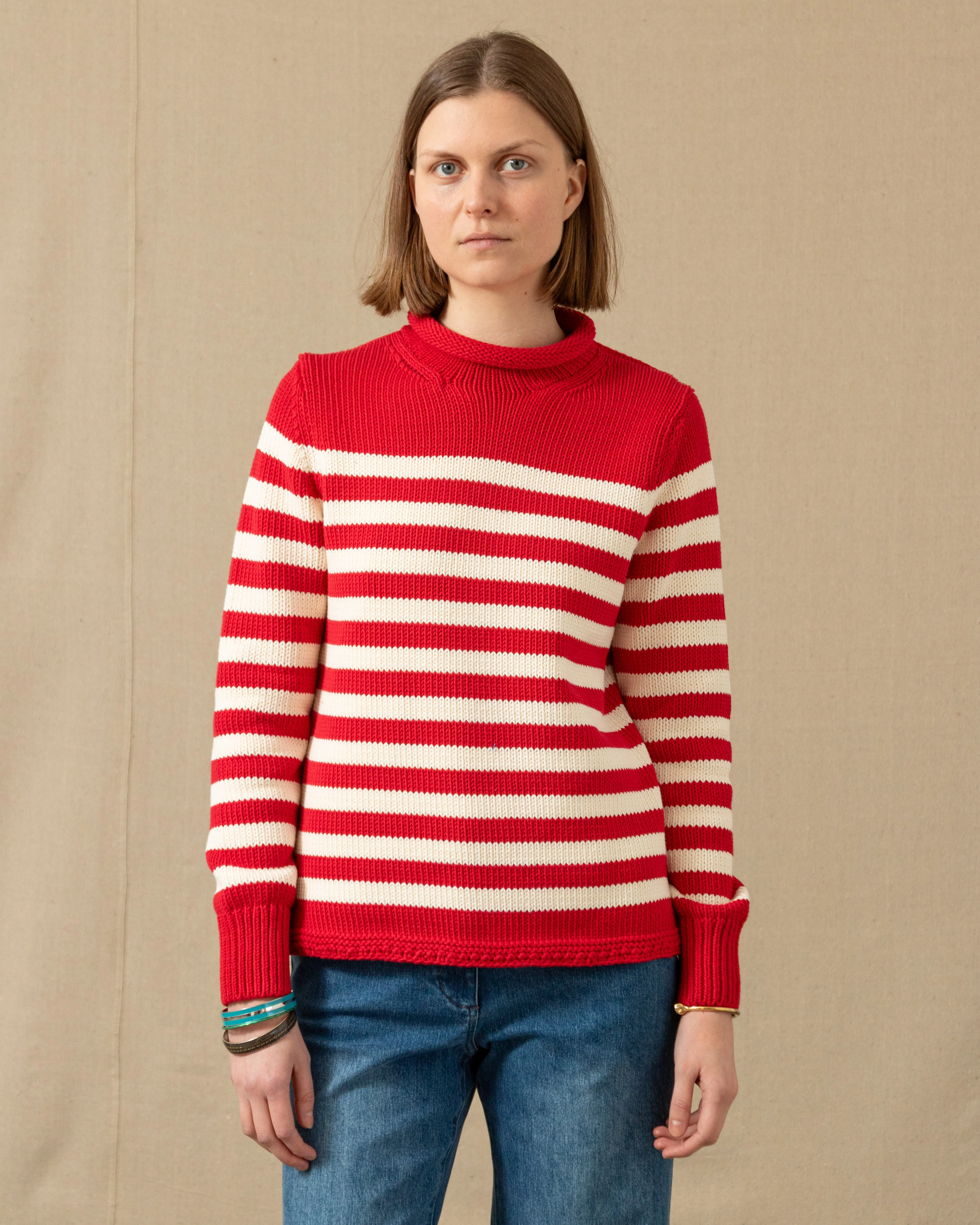 Women's Breton Stripe Fisherman's Sweater in Red/Egret - Image 4