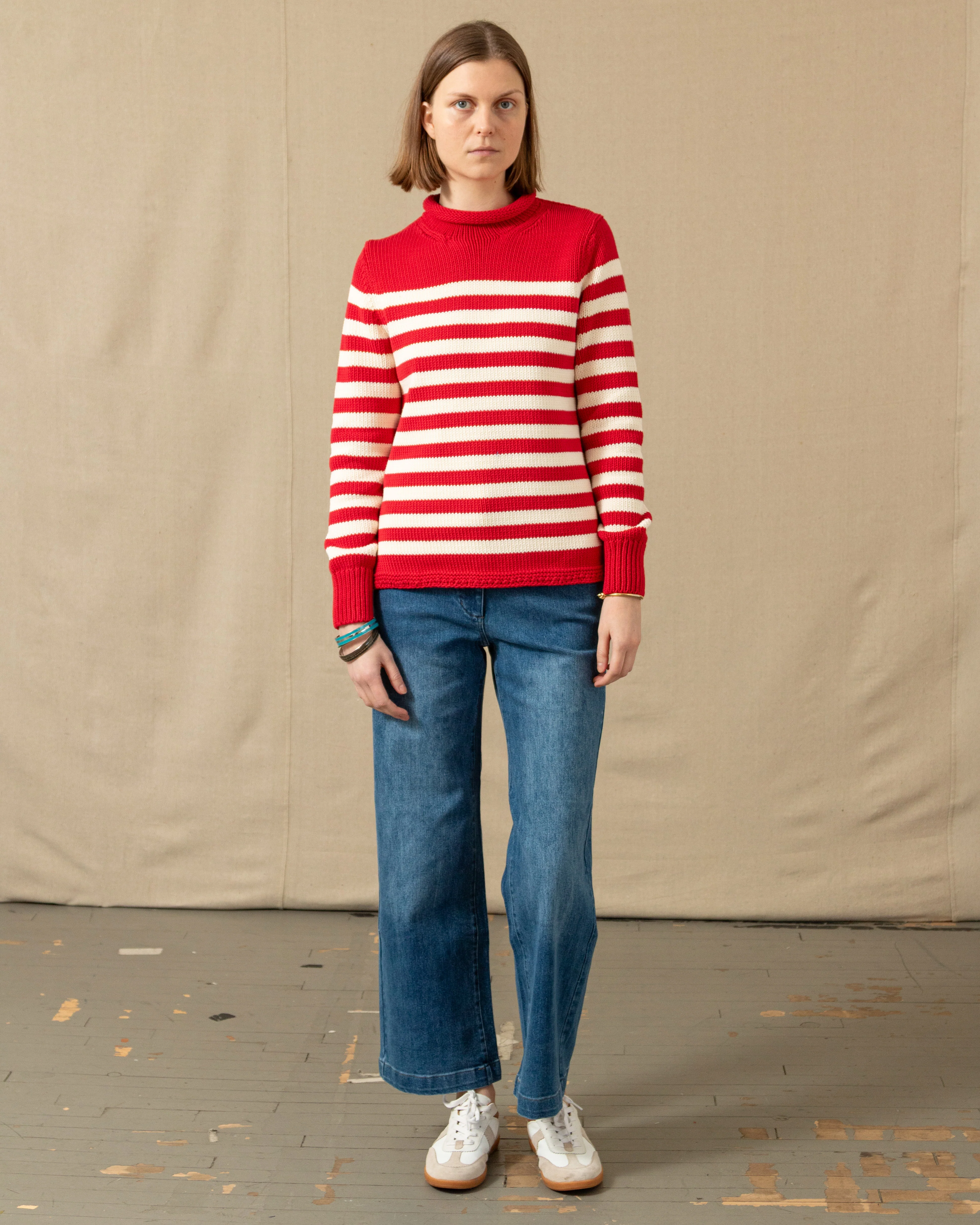 Women's Breton Stripe Fisherman's Sweater in Red/Egret - Image 5