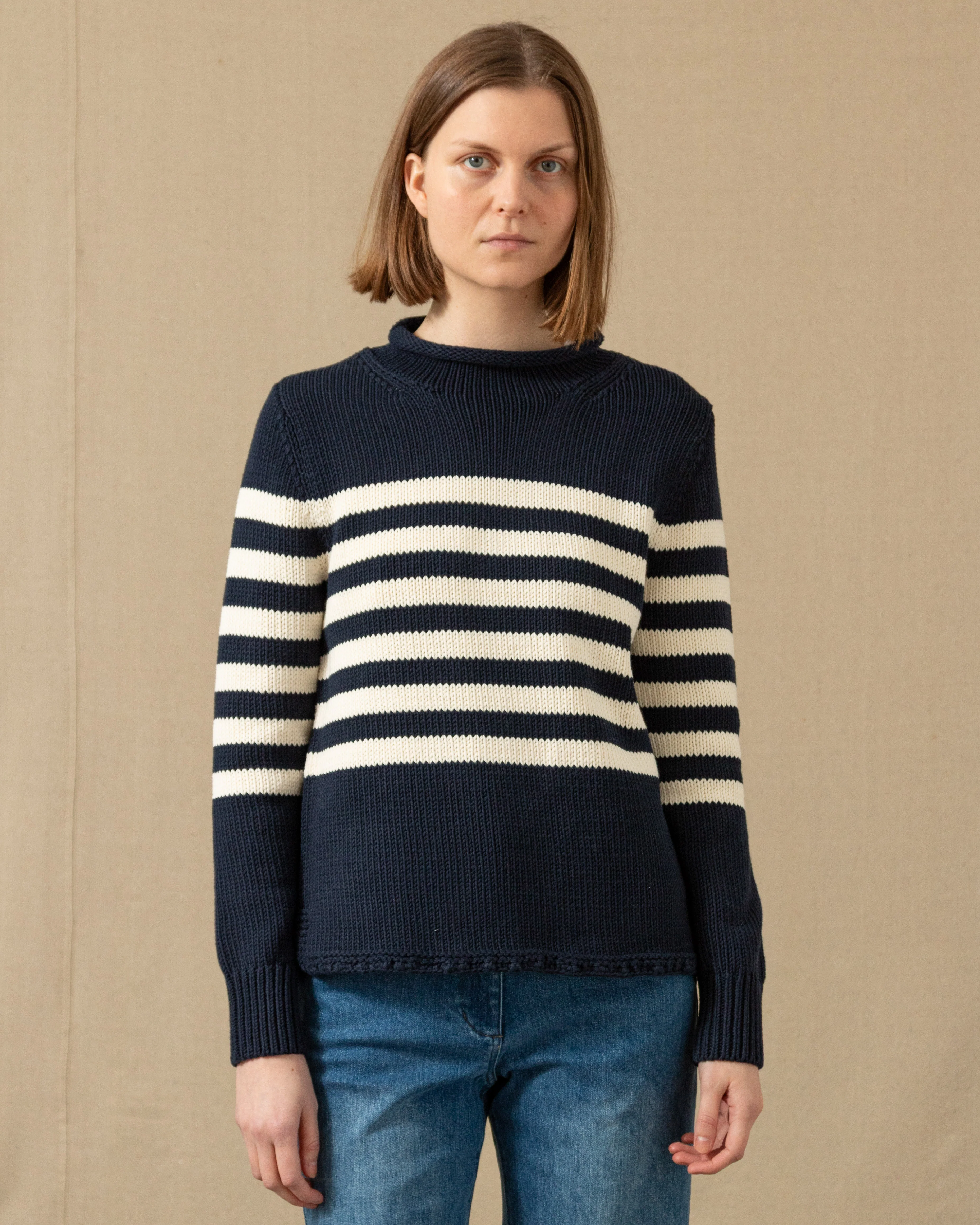 Women's Breton Stripe Fisherman's Sweater in Navy/Egret - Image 6
